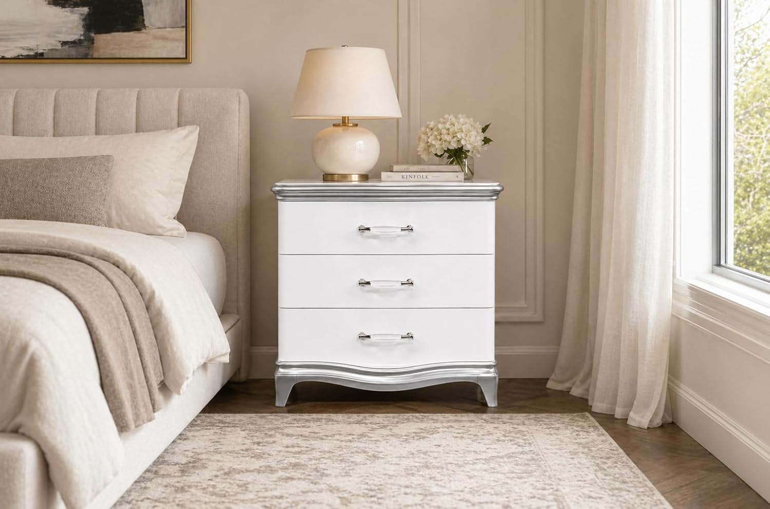 First of a Kind Nightstand Traditional Wood Bedside Table Nina Collection White Silver Finish Classic European Design Curved Detailing Elegant Coordinated Furniture Piece