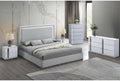 Modern Bedroom 5-Piece Set with Storage - Eastern King Size, Mirror Trim Accent, Gray/White Wood Frame, High Gloss Finish