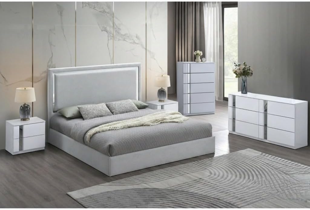 Modern Bedroom 5-Piece Set with Storage - Eastern King Size, Mirror Trim Accent, Gray/White Wood Frame, High Gloss Finish