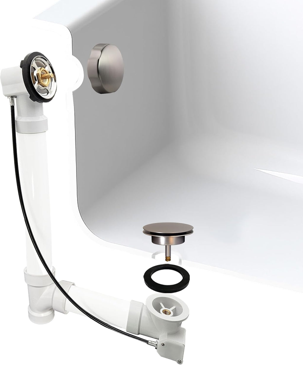 Westbrass A50P45-07 45' SCH. 40 PVC Cable Driven Bath Drain Trim Kit with Rotary Overflow Cover Knob and Pop-Up Stopper, Satin Nickel