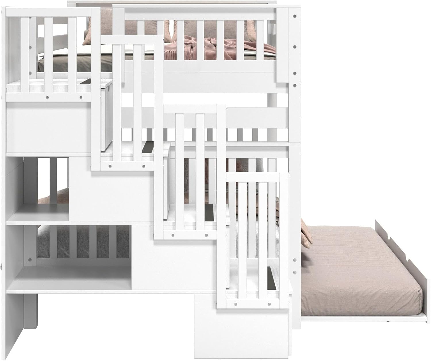 Bedz King Stairway Bunk Beds Full Over Full, 4 Step Drawers, Twin Trundle, White