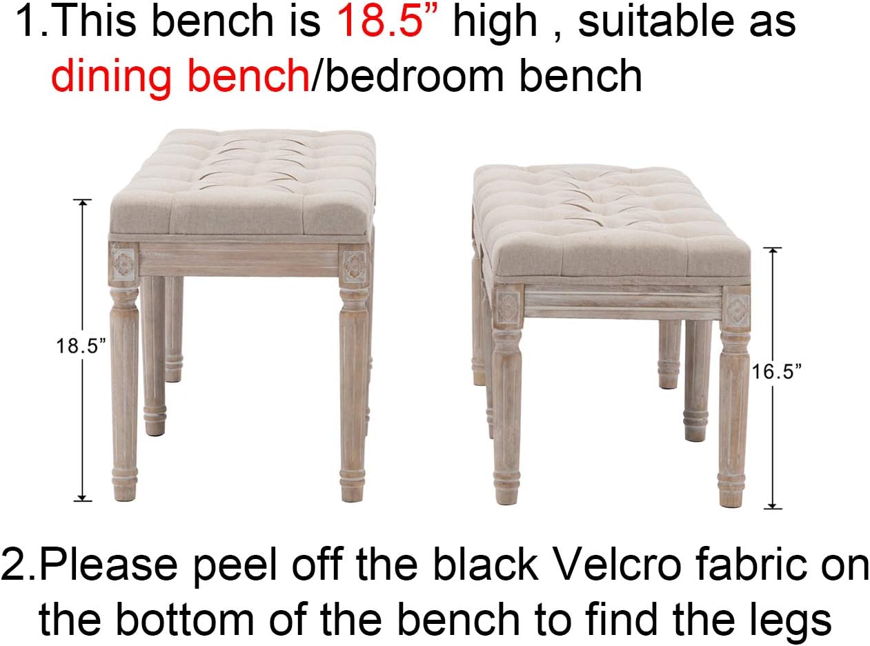 Kmax 45.3' Upholstered Dining Room Bench, Rustic Living Room Ottoman Bench with Carved Pattern & Rustic White Brushed Rubber Wood Legs, Beige