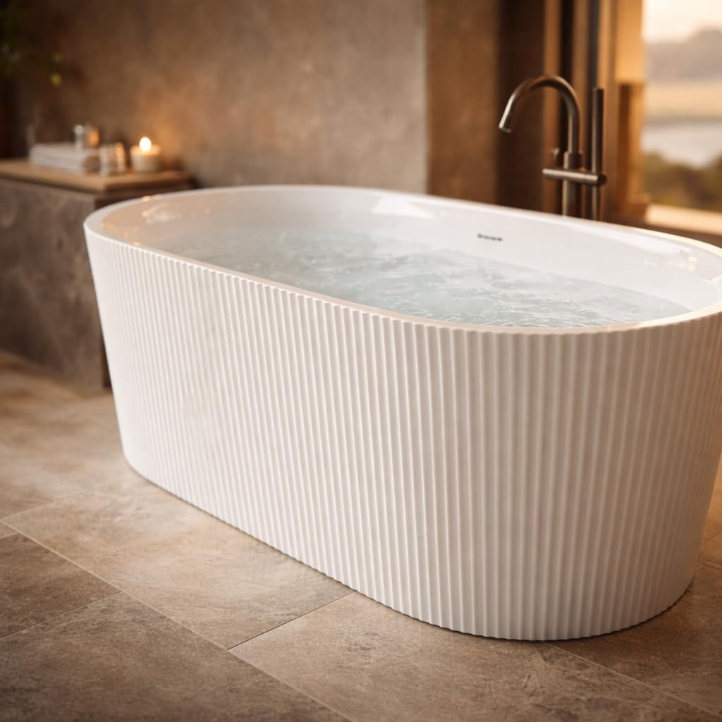 ANZZI Freestanding Soaking Bathtub 59 In Acrylic Solid Surface Glossy Flatbottom White Bailey Series 14.8 In Soaking Depth 67.4 Gal Capacity Overflow Drain Compact One Piece Design | AMZFT650-59