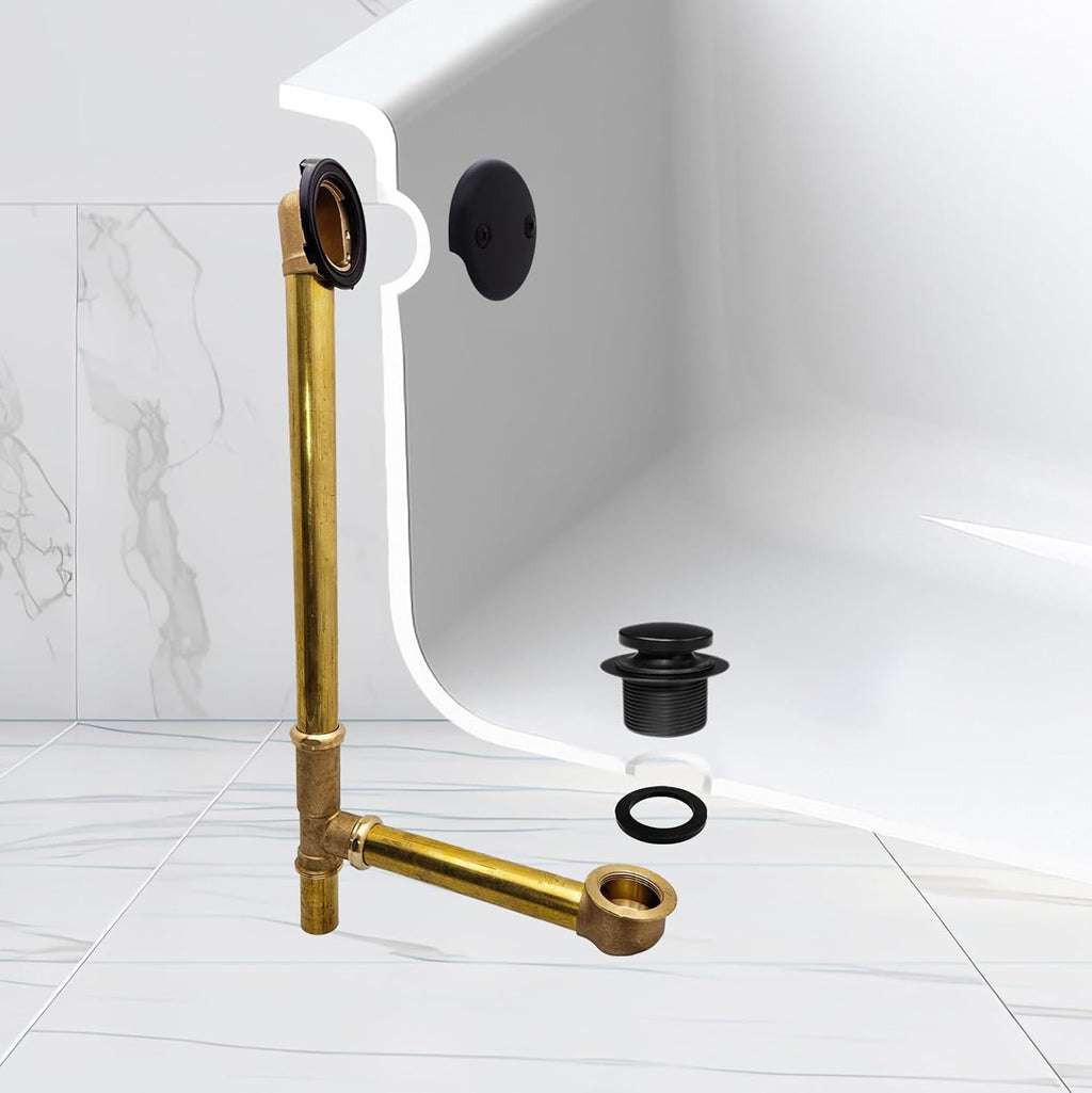 Westbrass A326-62 22-1/2' Brass Bath Waste & Overflow Assembly with Tip-Toe Drain Plug and 2-Hole Faceplate, Matte Black