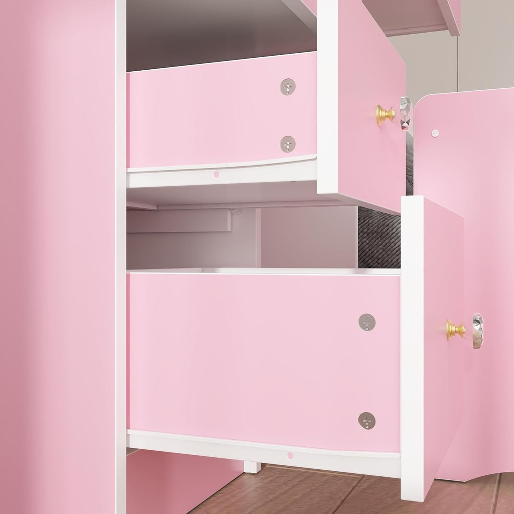 FUFU&GAGA Vanity Set with Rectangular Mirror & Lights, Makeup Vanity Dressing Table with 5 Drawers, Shelves, Dresser Desk and Cushioned Stool Set (Pink/Lighted Mirror)