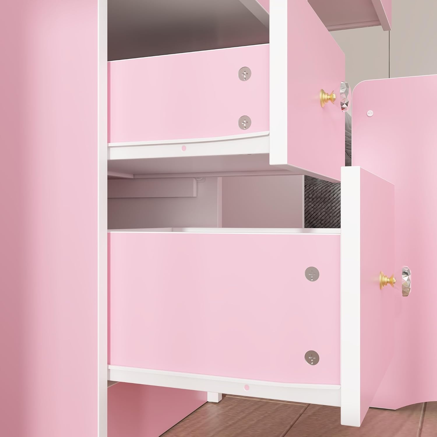 FUFU&GAGA Vanity Set with Rectangular Mirror & Lights, Makeup Vanity Dressing Table with 5 Drawers, Shelves, Dresser Desk and Cushioned Stool Set (Pink/Lighted Mirror)