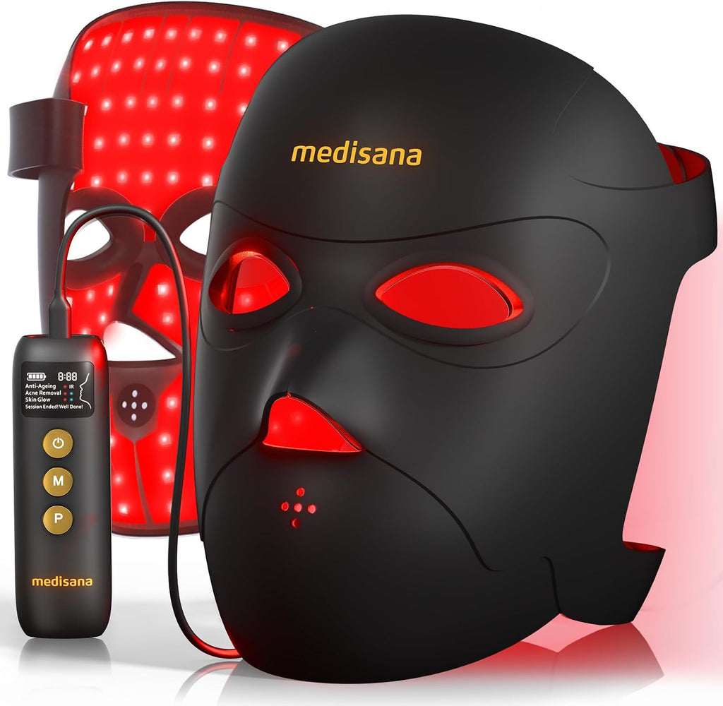 Medisana 3D Red Light Therapy Mask for Face, 336 LEDs Light Therapy Mask with 3 Modes - NIR 830nm, Red 630nm, Blue 415nm - Cordless & Rechargeable LED Face Mask for Home, Skincare Gifts (Black)