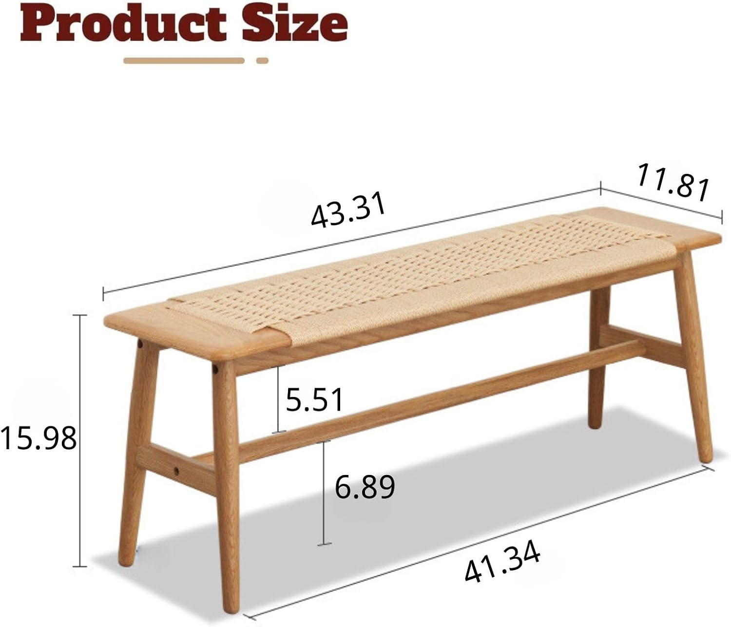 100% Solid Oak Farmhouse Entryway Bench, Wooden Bench Indoor with Hand Woven Rope Surface Design, Wood Bench for End of Bed with Solid Structure(Natural, 43.31' Wx11.81 Dx15.98 H)