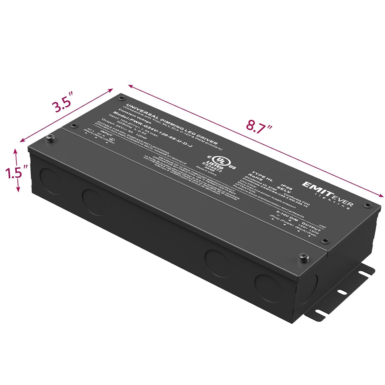 EMITEVER 120W Dimmable LED Driver, 24V Triac Dimmable Power Supply, AC to DC Transformer for LED Light, Compatible with Lutron and Leviton Dimmer, Waterproof IP67 and UL Listed