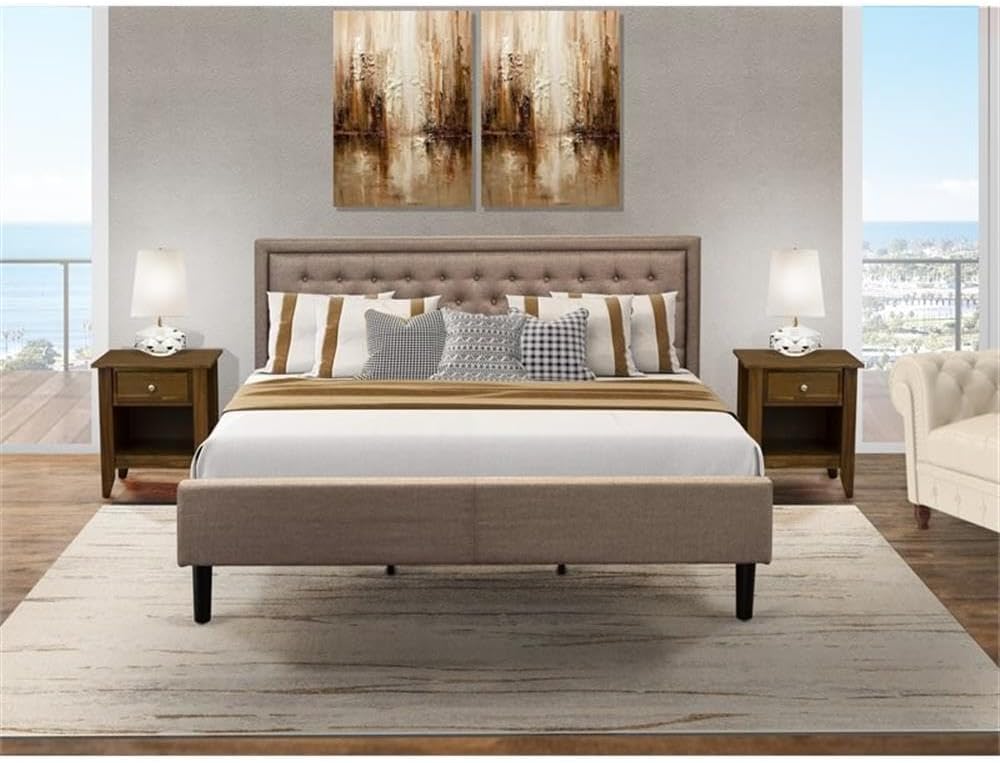 East West Furniture KD16K-2GA08 3 Piece King Bed Set - 1 King Bed Brown Linen Fabric Padded and Button Tufted Headboard with 2 Night Stands for Bedroom - Antique Walnut Finish Nightstand