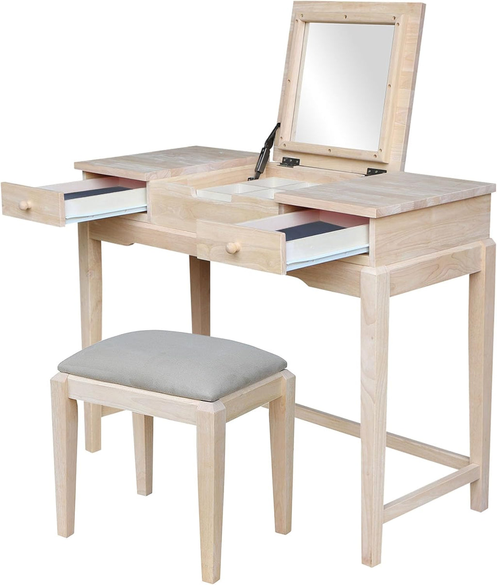 Solid Wood Vanity Table With Bench, Unfinished