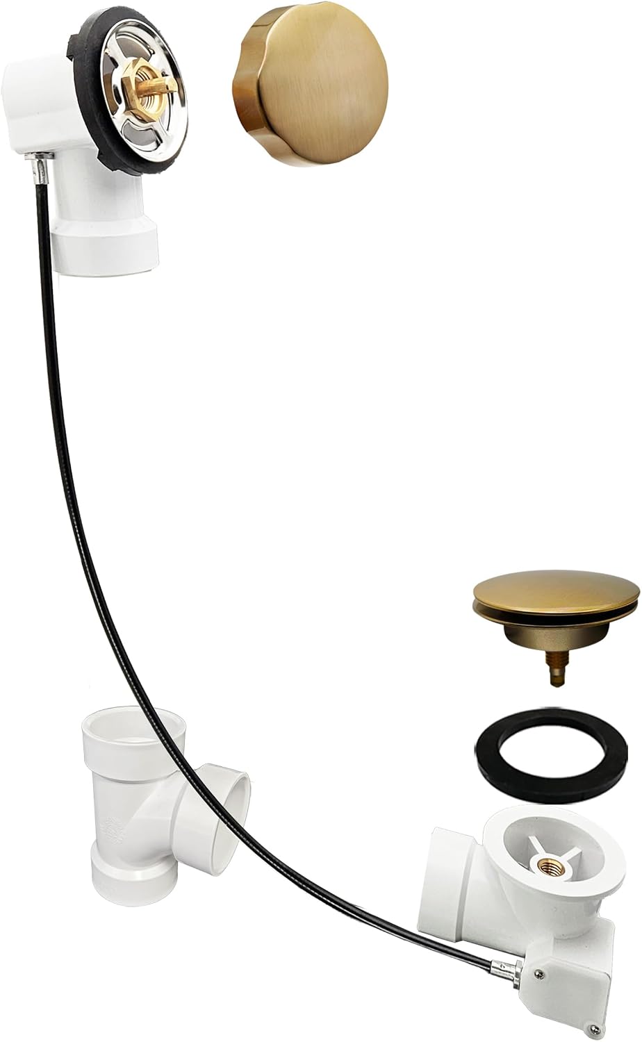 Westbrass A50P45-19 45' SCH. 40 PVC Cable Driven Bath Drain Trim Kit with Rotary Overflow Cover Knob and Pop-Up Stopper, Champagne Bronze