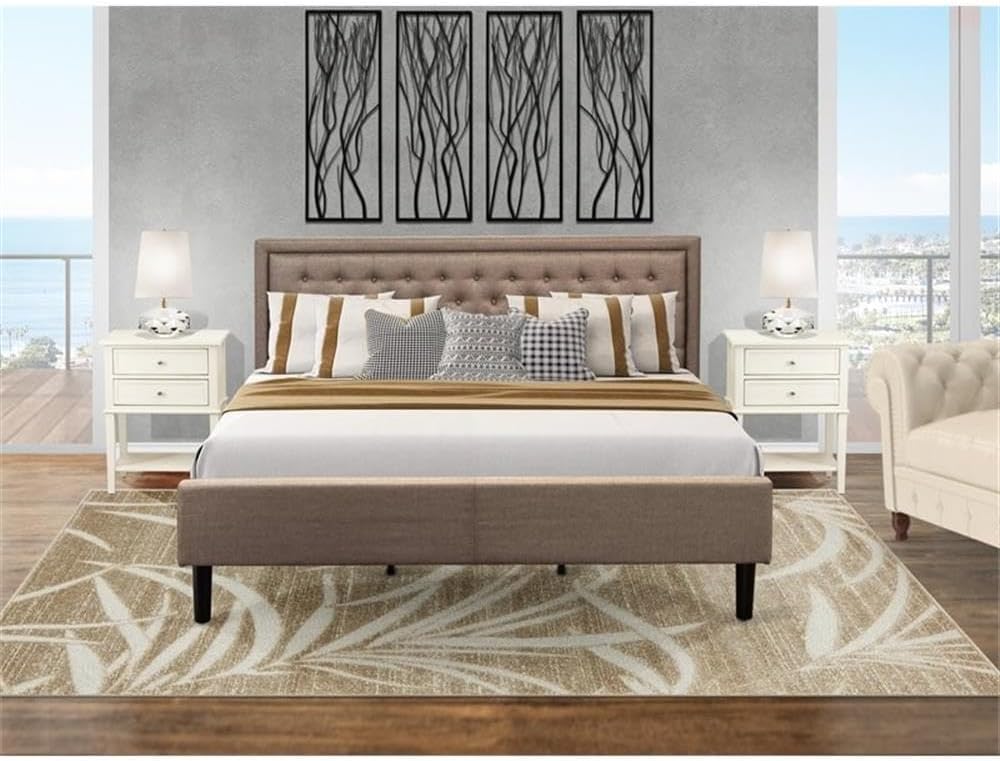 East West Furniture KD16K-2VL0C 3 Piece Wooden Bedroom Set - 1 Modern Bed Frame Brown Linen Fabric Padded and Button Tufted Headboard with 2 Night Stand - Wire Brushed Butter Cream Finish Nightstand