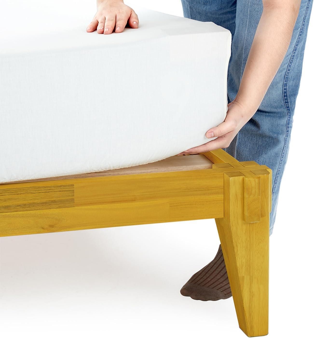 Bme Chalipa 14' Queen Bed Frame - Solid Wood Platform Bed - Japanese Joinery Bed Frame - Wood Slat Support - No Box Spring Needed - Easy Assembly - Minimalist & Modern Style, Golden Natural