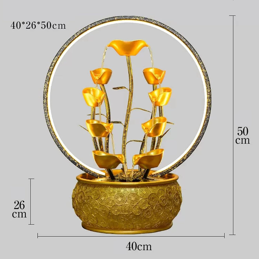 Tabletop Fountain Indoor Fountain Tabletop Waterfall Fountains Relaxation Water Feature Feng Shui Good Luck Wealth Desktop with Light Home and Office Decor, Gold(Large)