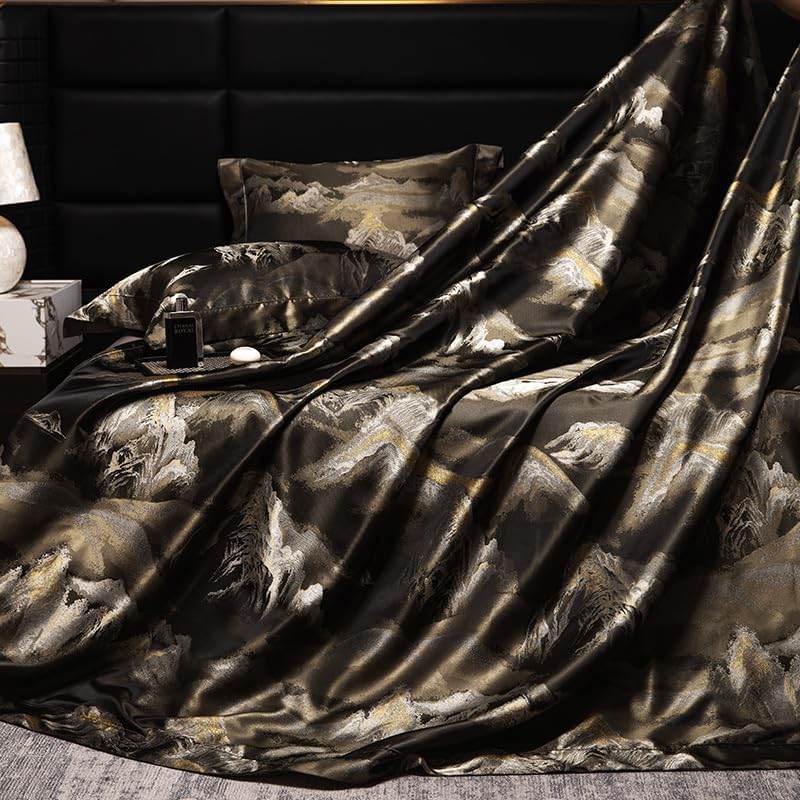 100% Long Staple Cotton Luxury 6-Piece Set, Elegant Black and Gold Satin Bedding Set, 3D Embroidered Jacquard, Quilt Cover，Sheet+2 Pillowcases and 2 Cushion Covers (Jinshan,Full)