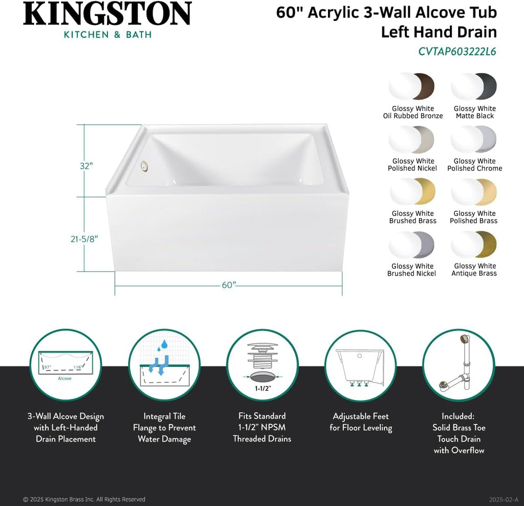 Aqua Eden CVTAP603222L8 60' Acrylic Rectangular 3-Wall Alcove Tub, Left Hand Drain, Glossy White/Brushed Nickel