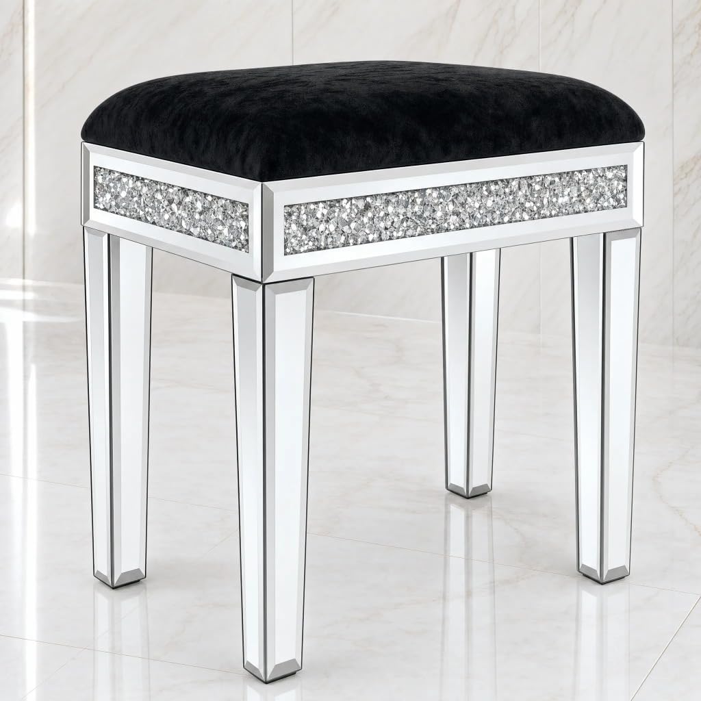Vanity Stool with Storage Mirrored Legs, Velvet Cushioned Ottoman, Hidden Compartment, Sparkling Diamond Trim, Glam Makeup Chair & Piano Bench (Black)