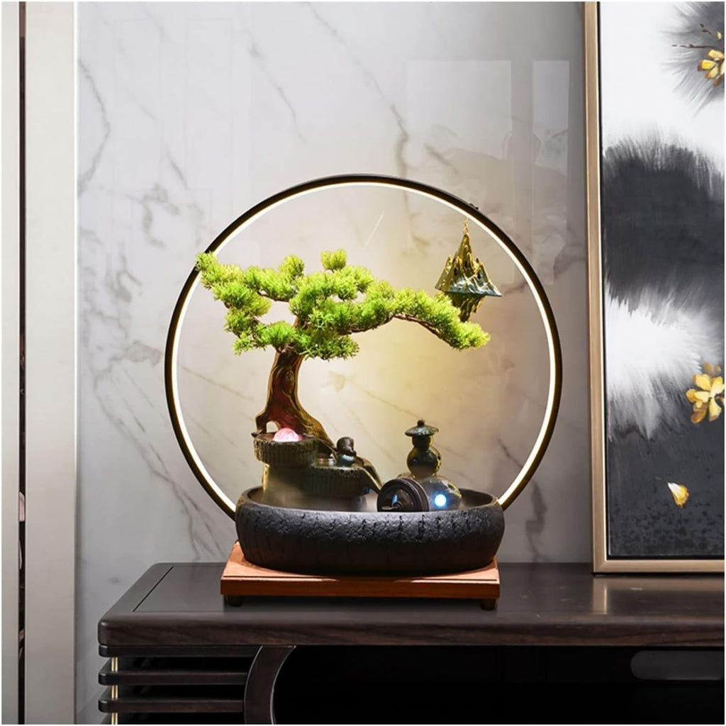 Desktop Fountain Ceramic Tabletop Fountain with LED Lighting Rockery Water Features Zen Cascading Feng Shui Waterfall Table Ornaments for Living Room Office(Black)