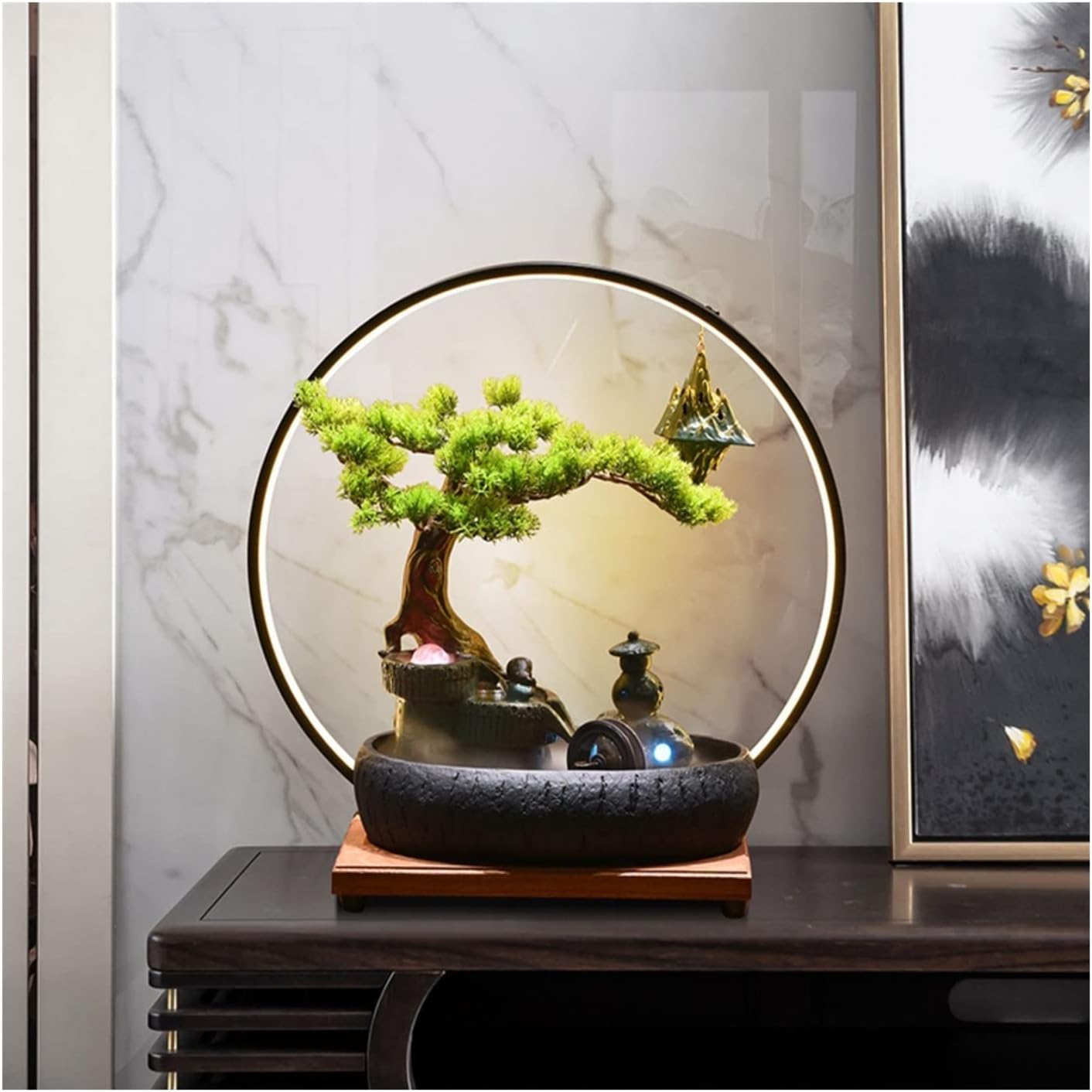 Desktop Fountain Ceramic Tabletop Fountain with LED Lighting Rockery Water Features Zen Cascading Feng Shui Waterfall Table Ornaments for Living Room Office(Black)