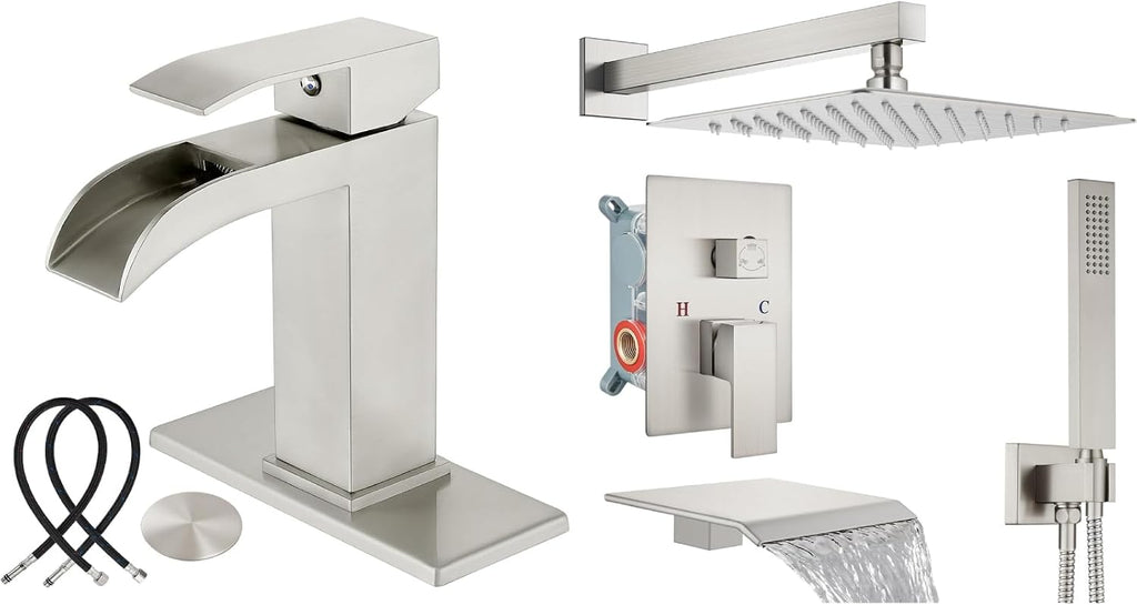 Midanya Brushed Nickel Single Handle Slotted Waterfall Vanity Bathroom Sink Faucets with 10 Inch Brushed Nickel Rain Shower System Tub Shower Faucet Set Square Rainfall Shower Head