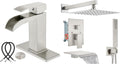 Midanya Brushed Nickel Single Handle Slotted Waterfall Vanity Bathroom Sink Faucets with 10 Inch Brushed Nickel Rain Shower System Tub Shower Faucet Set Square Rainfall Shower Head