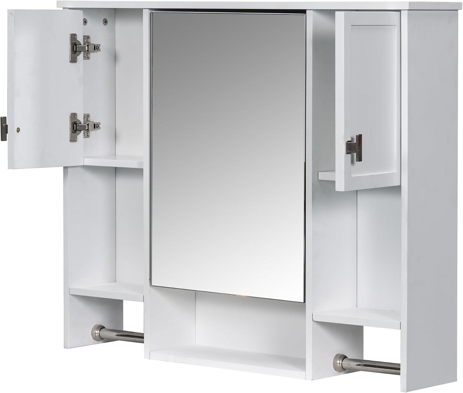 Merax Medicine Cabinet with Mirror, Wall Mount Bathroom Cabinet 35' x 28' Over Toilet Storage Cabinet Organizer with Doors, Open Shelves, and Towel Bars, Mirrored Bathroom Wall Cabinet