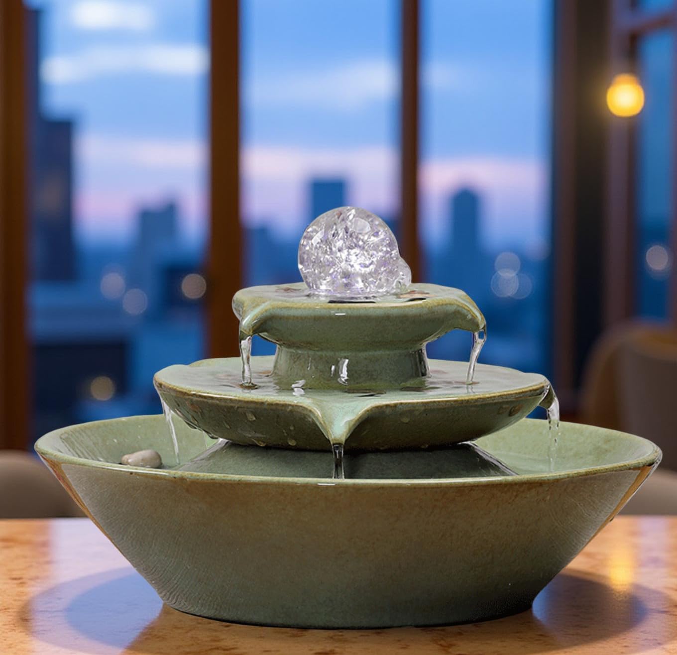 11.8' Indoor Tabletop Fountain, Ceramic Multi-Tier Waterfall with Crystal Ball & Fish Tank Feature, Free 10pcs Natural Crystals, Zen Home/Office/Entryway Decor, Housewarming Gift(Green)