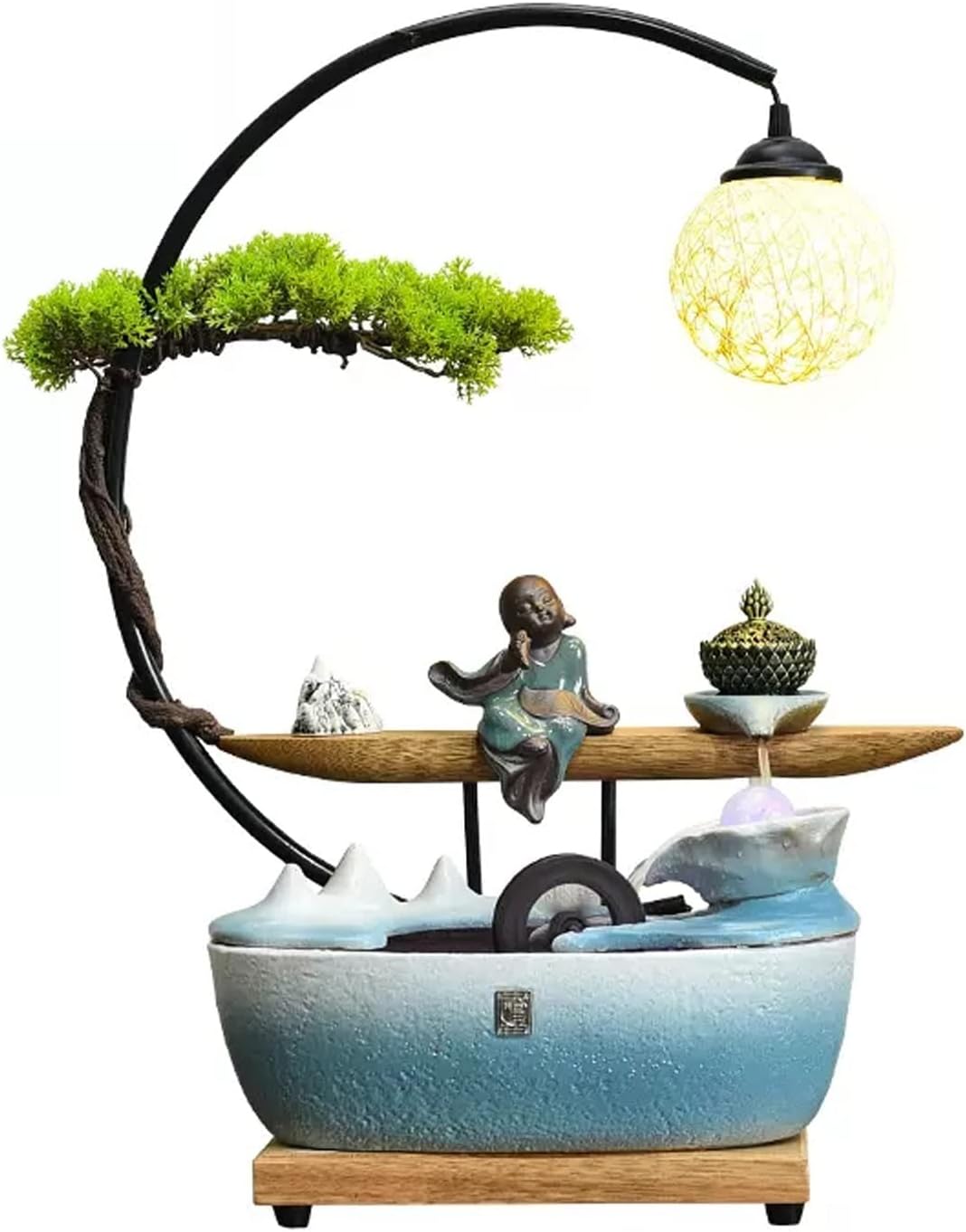 Tabletop Fountain Indoor Fountain Zen Meditation Desktop with Rattan Ball Lamp and Incense Burner Relaxation Waterfall Fountains Water Feature Tabletop for Home Office Decor