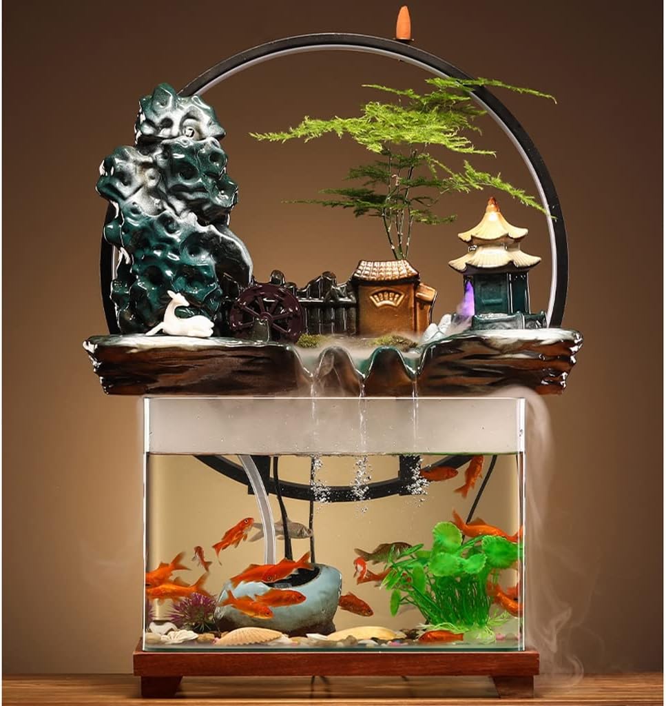 House Decorative Items Tabletop Fountain Ceramic Waterfall Fountain with Lamp Ring and Fish Tank Tabletop Flowing Water Decoration Office Home Decoration Tabl,A
