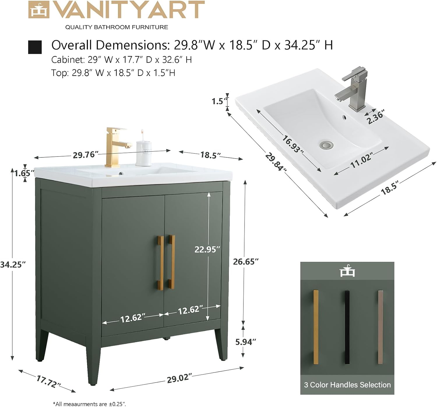 Vanity Art 30 inch Bathroom Vanity with Single Sink & Ceramic Top, Vanity Cabinet with Soft-Closing Doors, Solid Wood Frame, Vintage Green, VA9030-VG-BN1