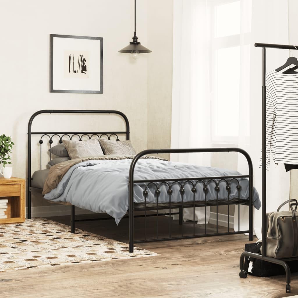 Twin Bed Frame Black Steel Platform Style 39.4x78.7 Inch Single Bed Frame with Headboard and Footboard for Bedroom