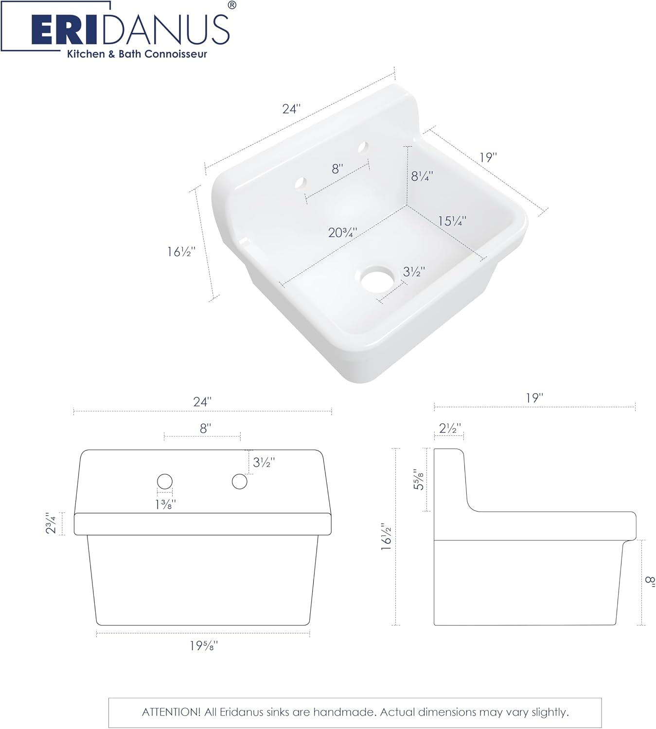 Eridanus 24 Inch Utility Sink, Farmhouse Kitchen Sink Wall Mounted Laundry Sink Floating Porcelain Ceramic Trough High Back for Garage, Workshop, Washing Room, Bathroom, 24' x 19' x 16.5'