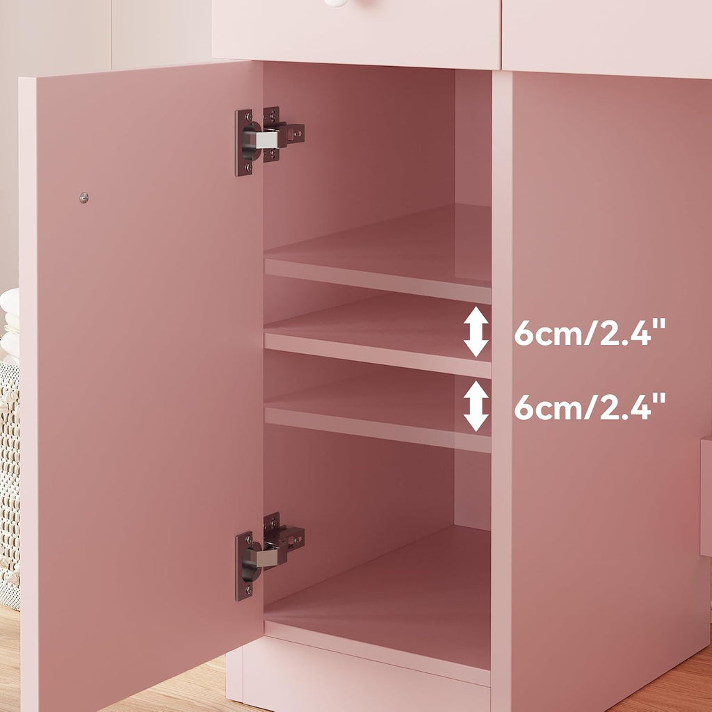 IRONCK Vanity Desk with LED Lighted Mirror & Power Outlet, Makeup Table with Drawers & Cabinet,Storage Stool,for Bedroom, Pink
