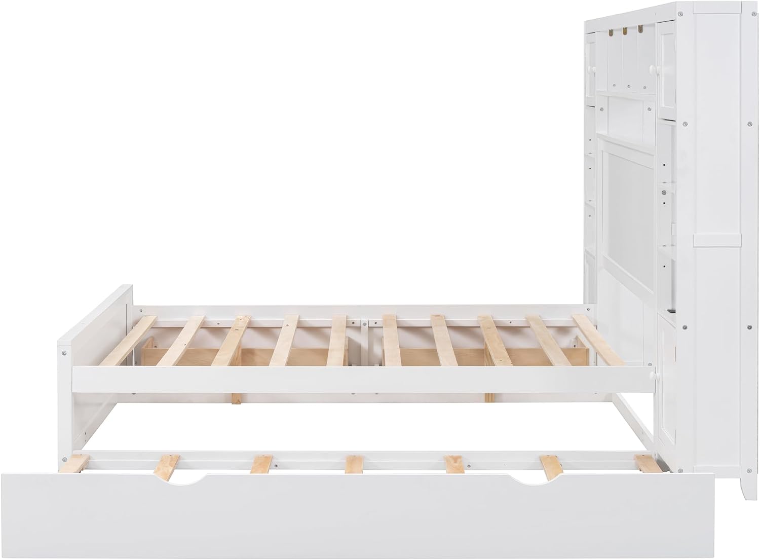 Polibi Full Size Bed Frame with Bookcase Headboard,2 Storage Drawers and Trundle,Wooden Platform Bed Full Size with All-in-One Cabinet, Shelf and Sockets,White