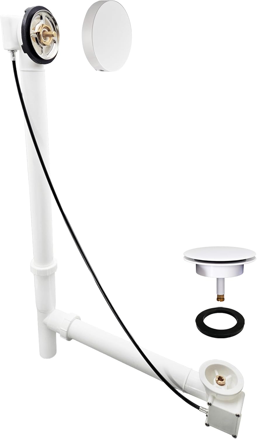 Westbrass D50P27TLERE-50 27' Cable Drive Bath Drain Trim with Rotary Overflow Cover Knob, Pop-Up Stopper and Poly Tubular Pipes & Fittings, Powder Coat White