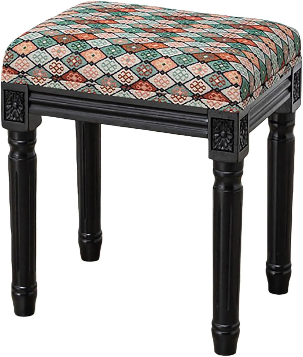 Upholstered Vanity Stool with Carved Dressing Makeup Bench with Solid Wood Legs Multi-Functional and Comfy Retro Bench Piano Seat for Bedroom, Bathroom, Vanity Table,Diamond Pattern