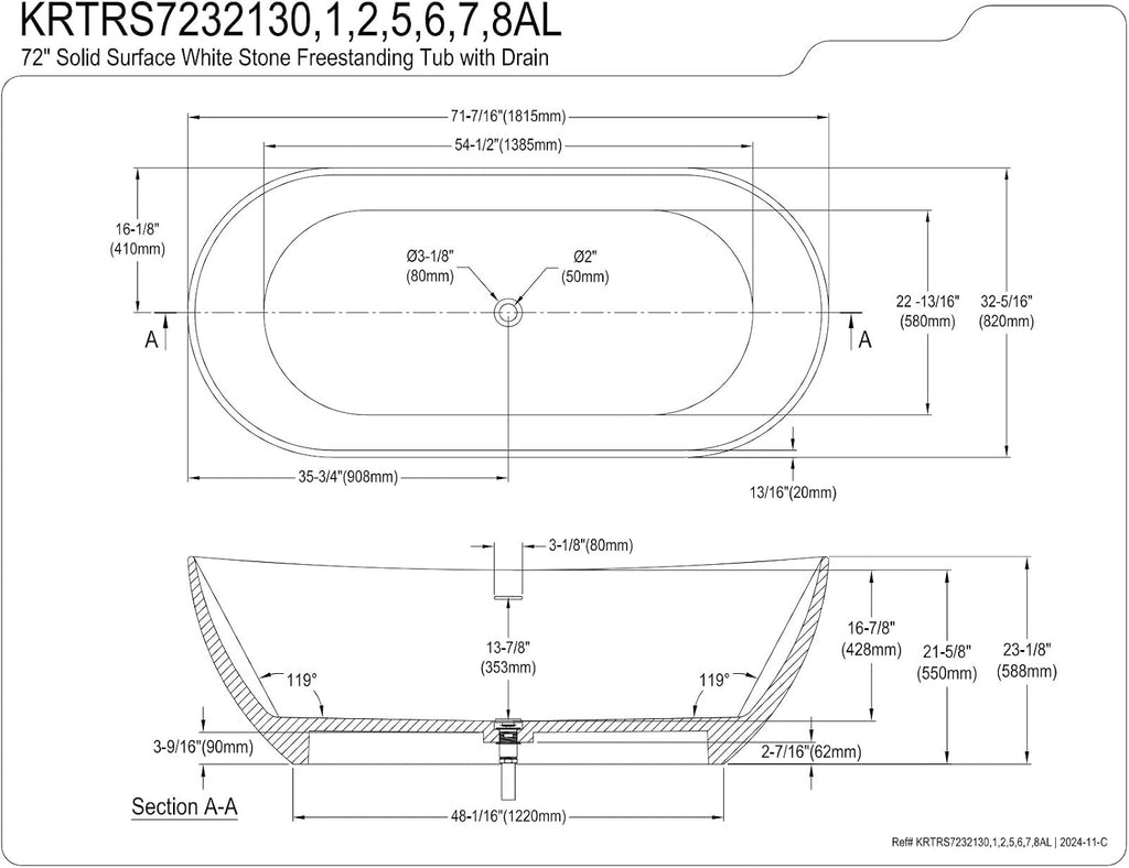 Kingston Brass KRTRS7232135AL 72' Solid Surface Oval Double Ended Freestanding Tub with Faucet Combo and Drain, Oil Rubbed Bronze