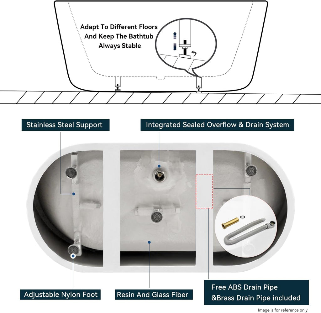 FerdY Bali 55' Freestanding Bathtub, Glossy White Freestanding soaking tub with Brushed Gold Drain & Integrated Slotted Overflow, cUPC Certified