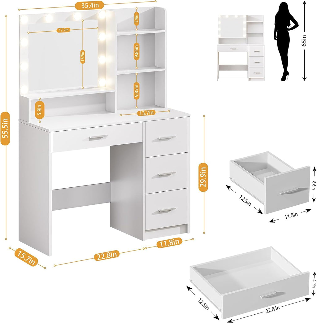 Vanity Desk with Lighted Mirror, White Vanity with 4 Drawers,Makeup Vanity with Storage Shelves and Power Outlet,10 Lights with 3 Color Modes Brightness Adjustable for Girls' Bedroom (White)