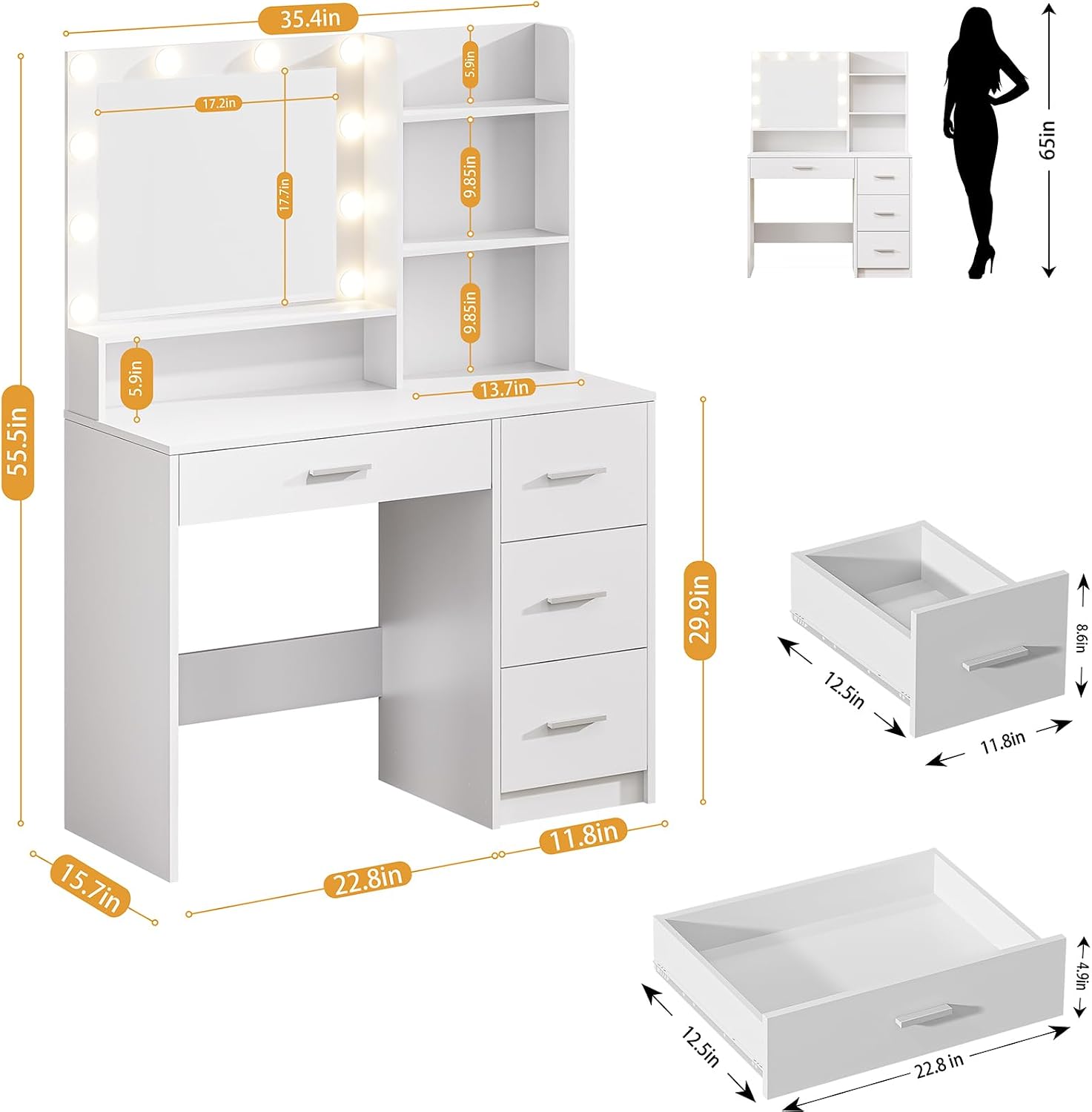 Vanity Desk with Lighted Mirror, White Vanity with 4 Drawers,Makeup Vanity with Storage Shelves and Power Outlet,10 Lights with 3 Color Modes Brightness Adjustable for Girls' Bedroom (White)