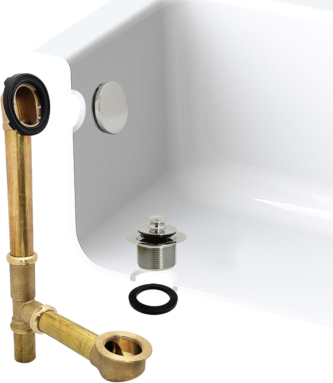 Westbrass A321H-05 14' Brass Bath Waste & Overflow Assembly with Twist & Close Drain Plug and Illusionary Faceplate, Polished Nickel