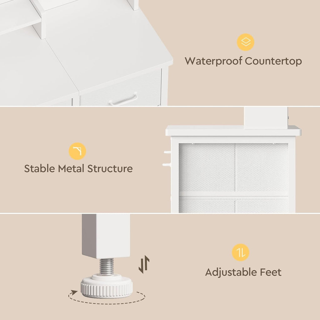 YeTom Vanity Desk with Mirror and Lights, Makeup Vanity Desk with 4 Fabric Drawers & Storage Shelves & Side Table, 3 Color Modes & Adjustable Brightness, White Vanity, Bedroom Furniture