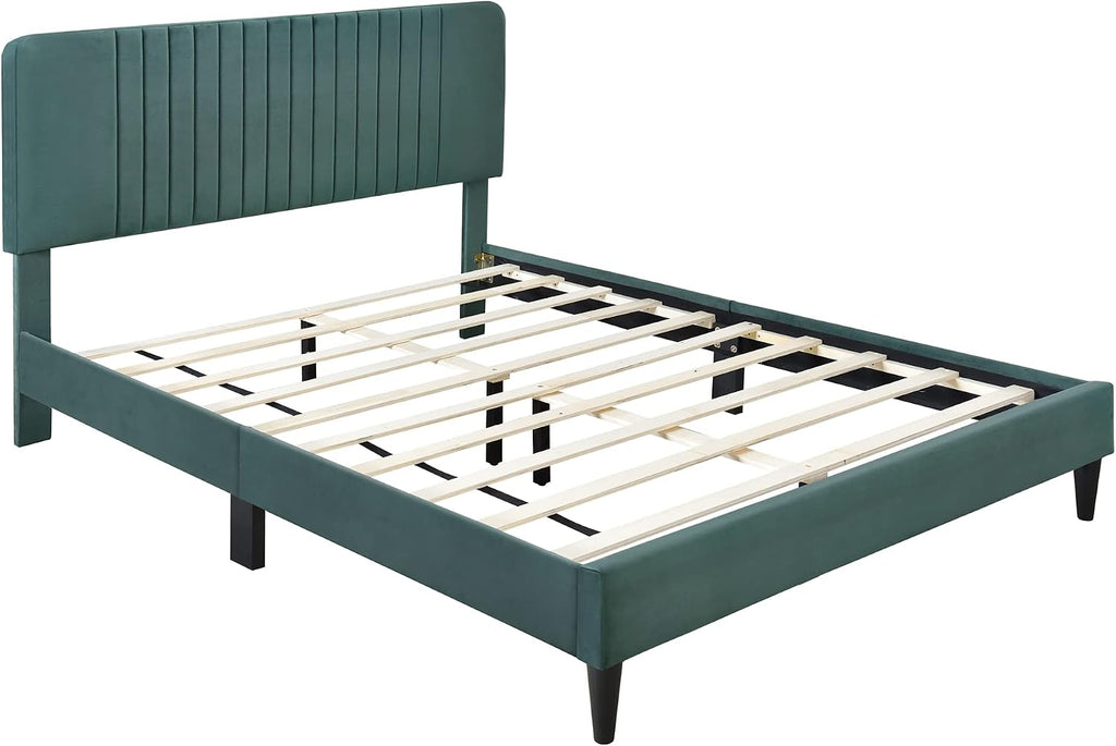 KLMM Modern Queen Size Upholstered Platform Bed, No Box Spring Needed, Velvet Fabric, Suitable for Bedroom Use, Easy to Assemble (Green#G^)