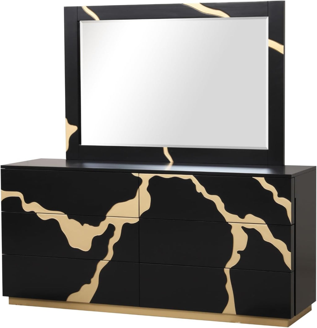 MASARA Contemporary 4-Piece Queen Bedroom Set, Black with Gold Pattern, Felt-Lined Drawers