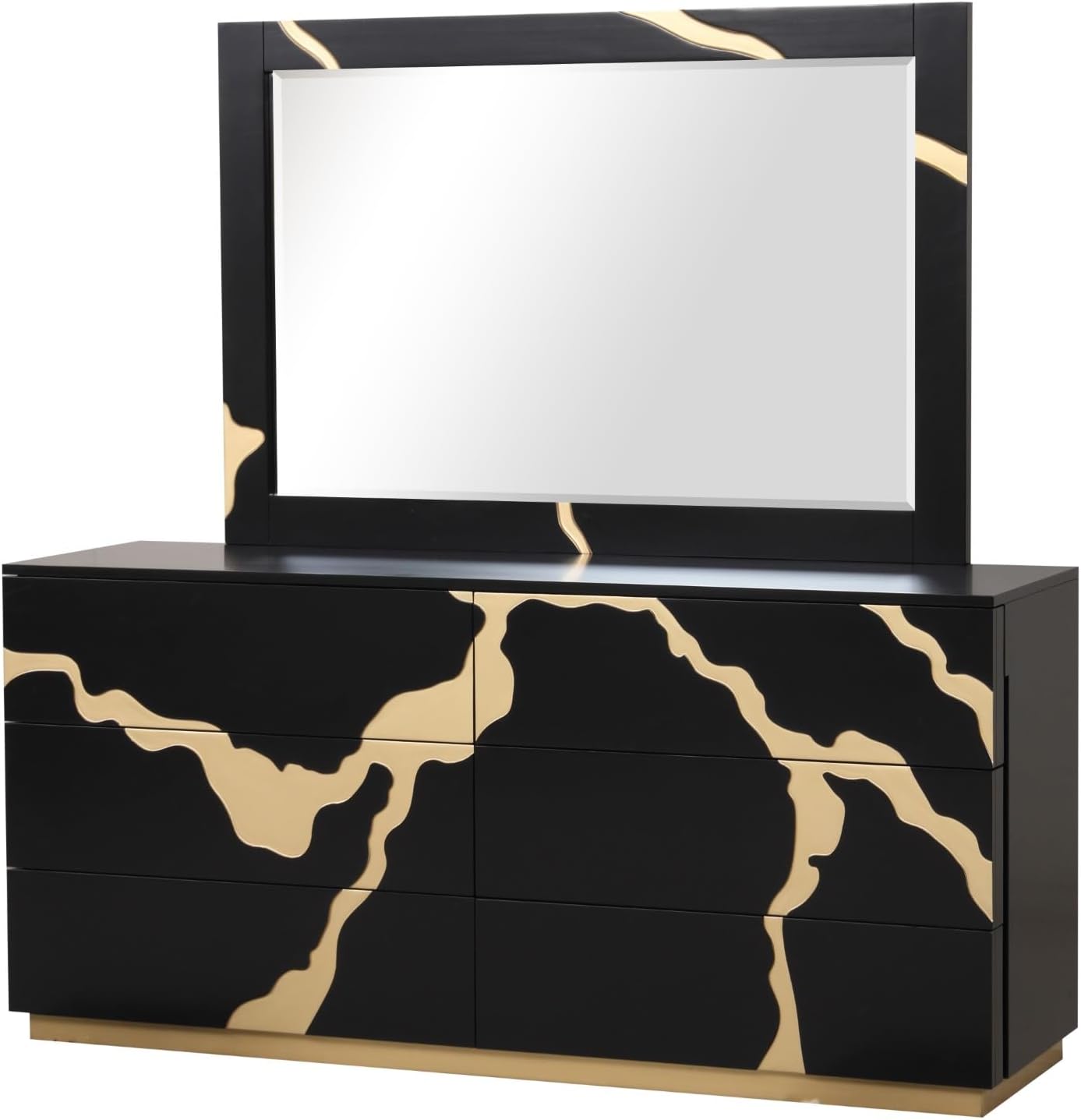 MASARA Contemporary 4-Piece Queen Bedroom Set, Black with Gold Pattern, Felt-Lined Drawers