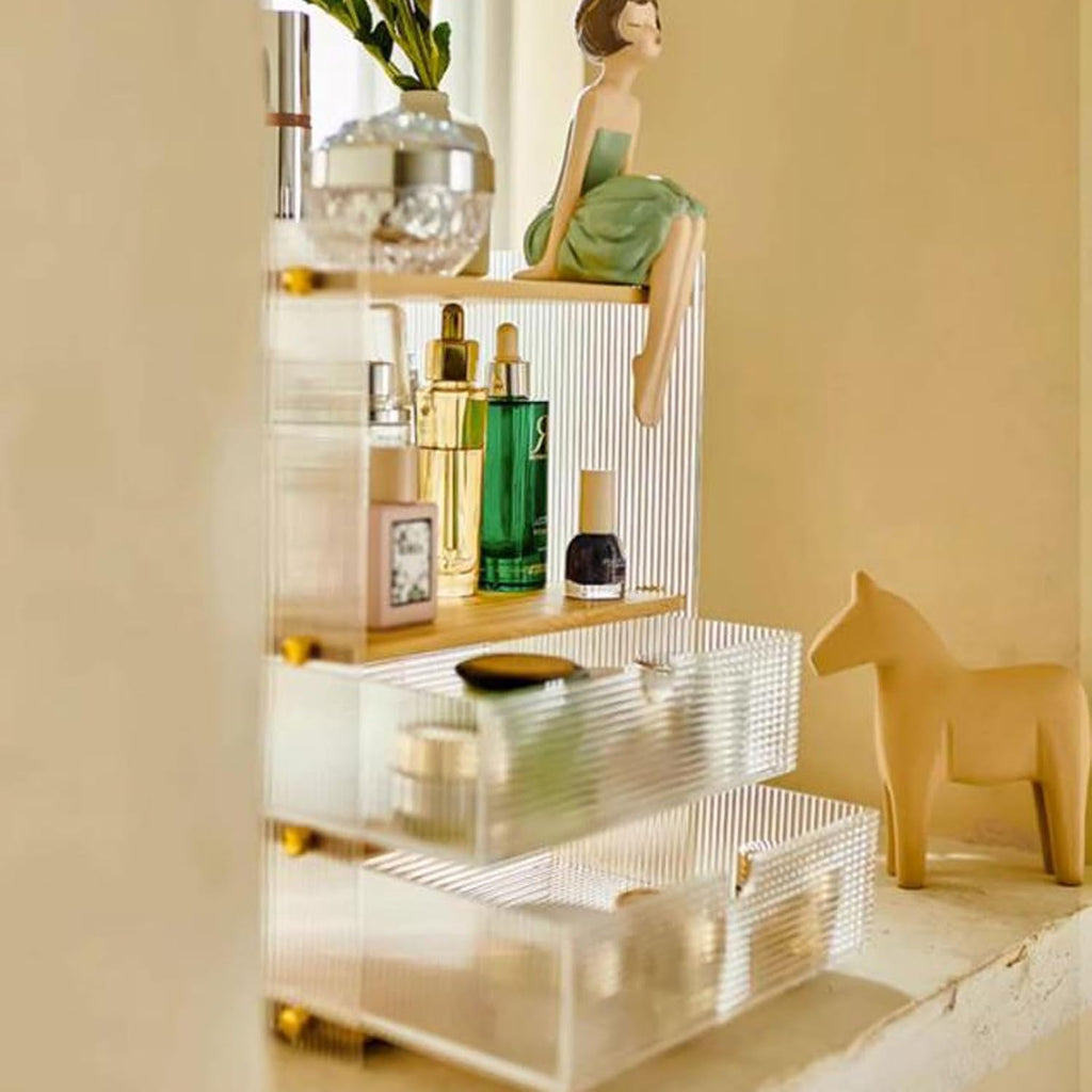 Makeup Storage Box Acrylic Makeup Organizer for Vanity, Multi-function Desk Organizer with 2 Drawers and Storage Cabinet,Clear Bathroom Organizer Countertop for Cosmetics,Lipsticks,Jewelry,Nail Care,S