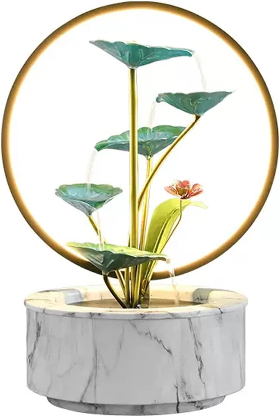 Tabletop Fountain Indoor Water Fountain 5 Tier Lotus Leaf Tabletop Relaxation Waterfall for Room Decoration LED with Round Warm Yellow Scene Light(White)