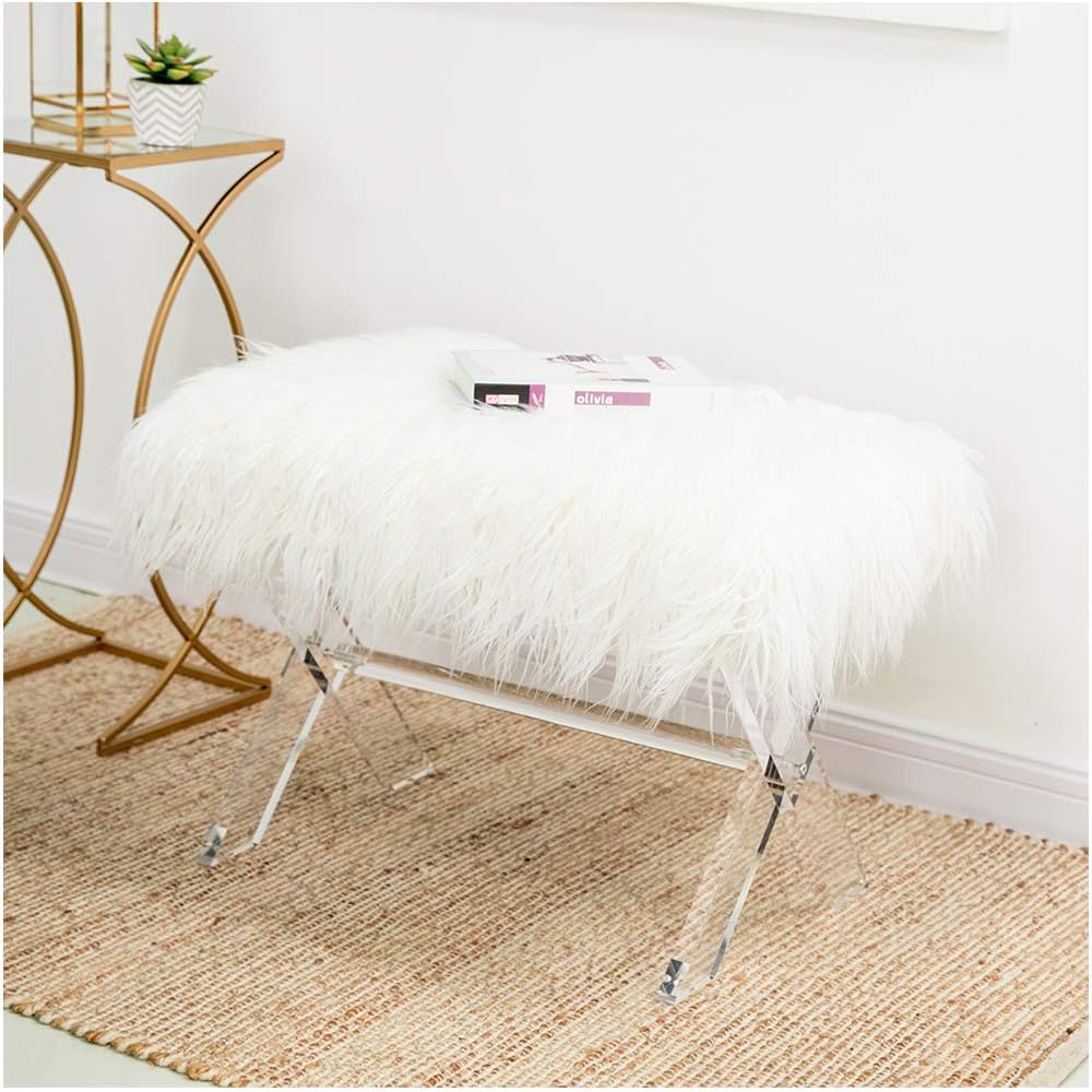 Glitzhome White Faux Fur Ottoman Bench, Modern Ottoman Footrest Stool Vanity Stool with Acrylic Legs Accent Bench for Entryway Living Room Bedroom, 25.5' L