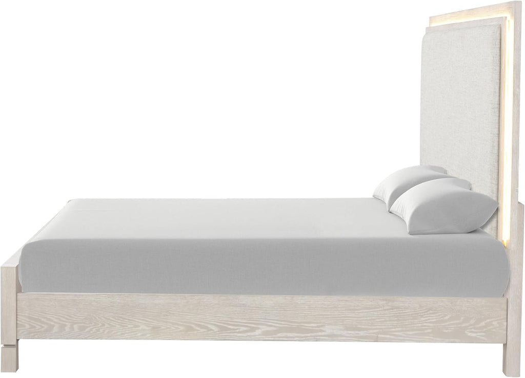 Furniture of America Bailer Modern Solid Wood 5-Piece Bedroom Set with LED on Headboard, Stainless Steal Posts and Marble Top on Nightstand, Box Spring Needed, King, Weathered Gray